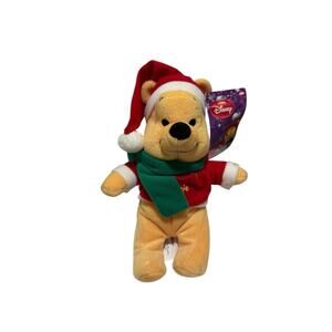 Disney Winnie the Pooh Beanie Plush with Santa Hat Christmas Green Scarf 9"